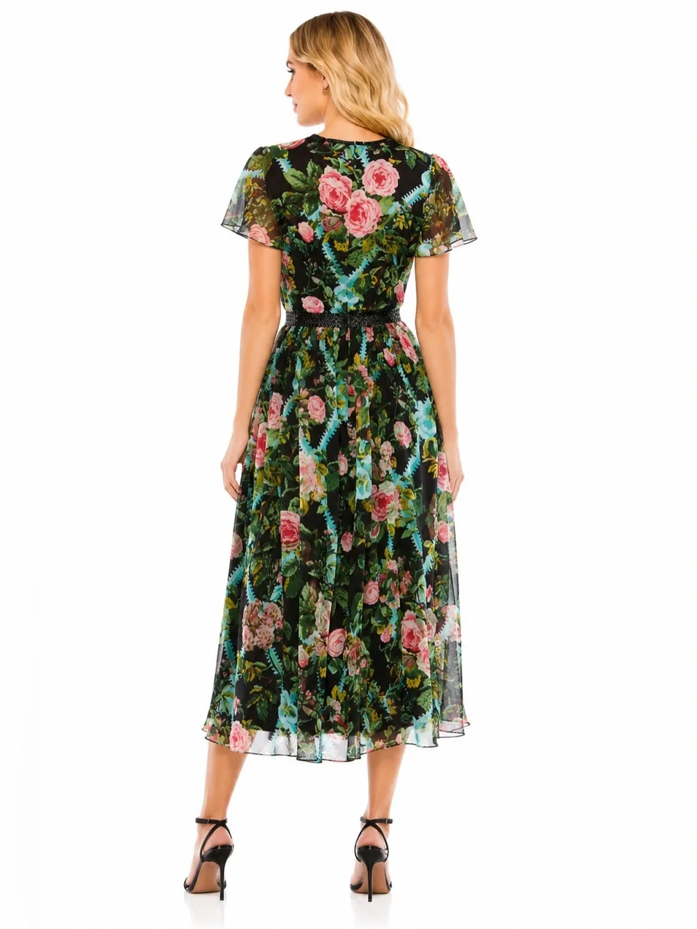 Mac Duggal Floral Illusion Cap Sleeve Midi Dress Black Multi Sheer NWT Size 8 - Picture 4 of 11